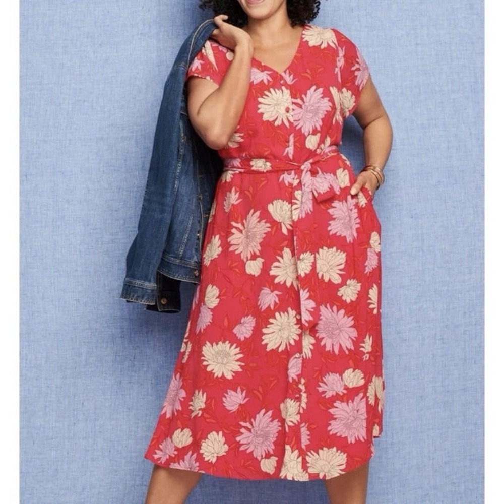 Talbots Pink Floral Button Front Belted Short Sleeve Midi Shirt Dress Size 18W